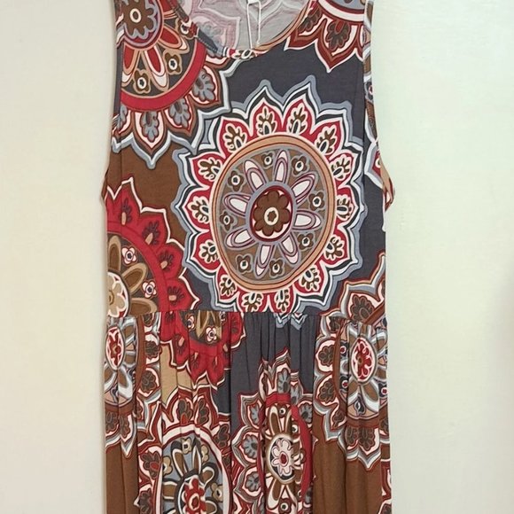 Geometric Print Dress Size MED Sleeveless Tank Midi  Stretchy Shift Longyuan NWT - Picture 6 of 13